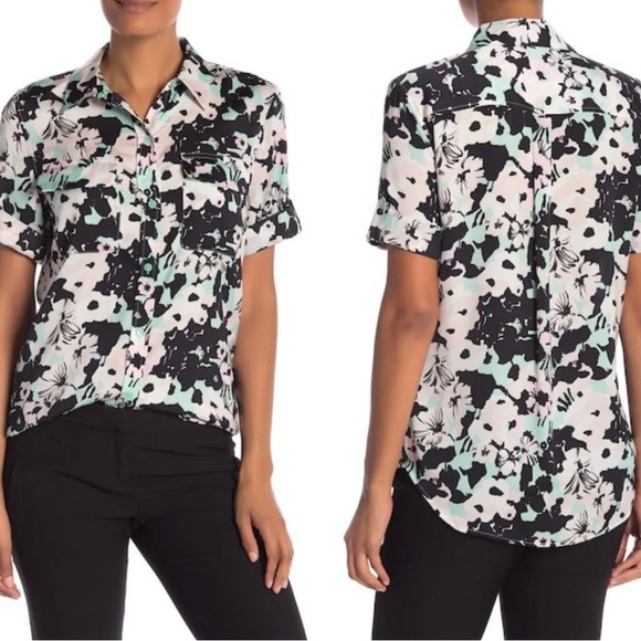 NWOT Equipment Floral Silk Short Sleeve Blouse, size Large - Picture 4 of 14